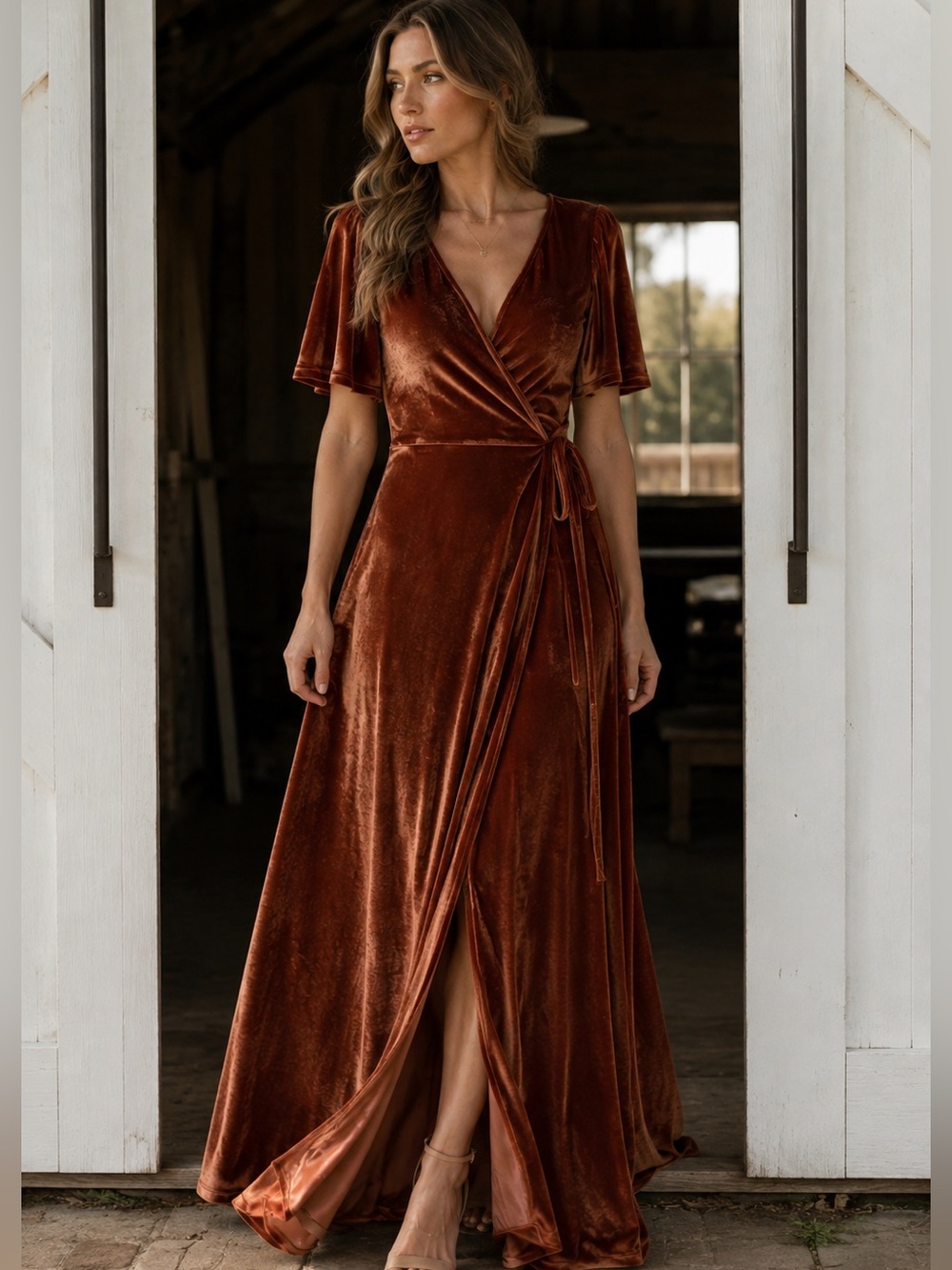 Baltic Born Rust Copper Velvet Wrap Maxi Dress XS